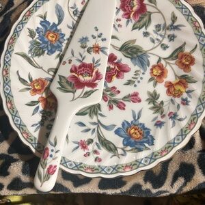 Floral Porcelain Cake Plate and Server Set - White with Multicolor Flowers